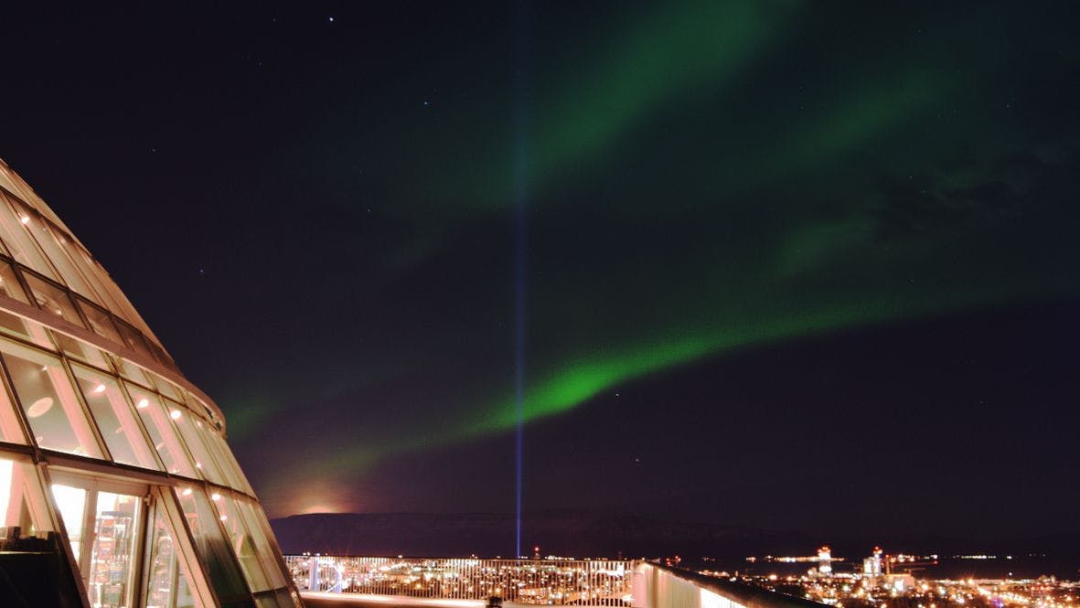 Northern lights seen from Perlan in downtown Reykjavik